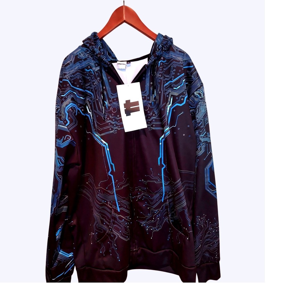 Lunafide Cyber Circuit Zip Up Hoodie Mens 4X Black Blue Techwear Circuit Board